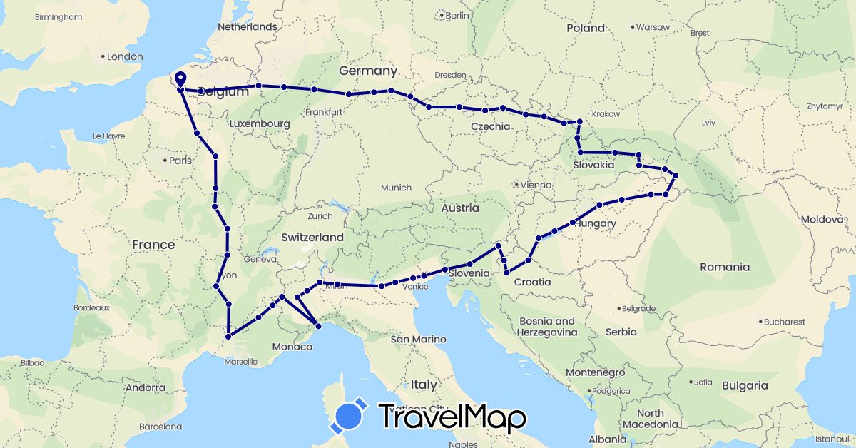 TravelMap itinerary: driving in Belgium, Czech Republic, Germany, France, Croatia, Hungary, Italy, Poland, Slovenia, Slovakia, Ukraine (Europe)